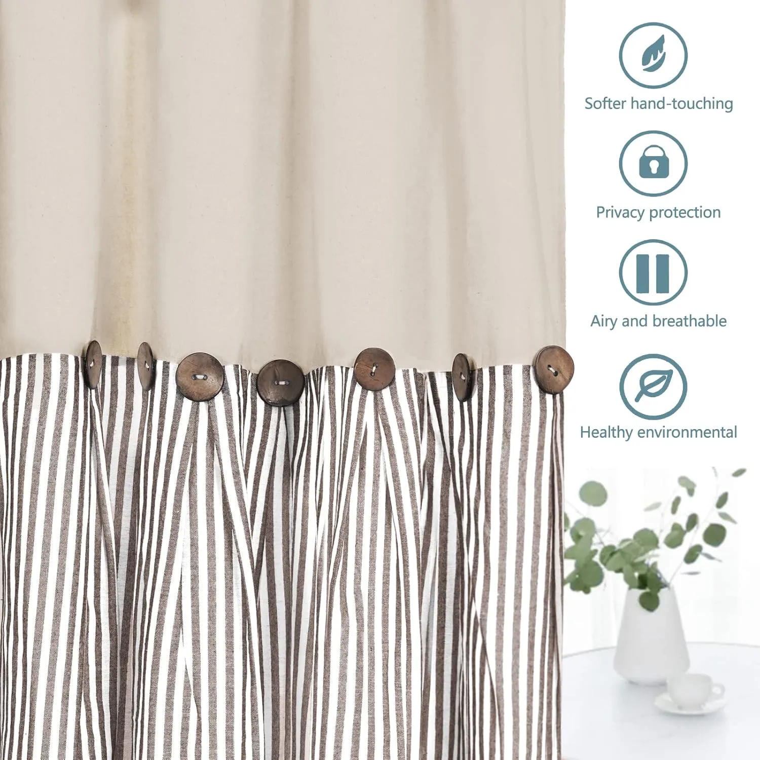 BLEUM CADE Cotton Linen Farmhouse Curtains Boho Rustic Button Curtains Natural and Brown Stripe Color Block Curtain Rod Pocket & Back Tab Window Drapes for Bedroom Living Room(52 x 84 Inch, 2 Panels)