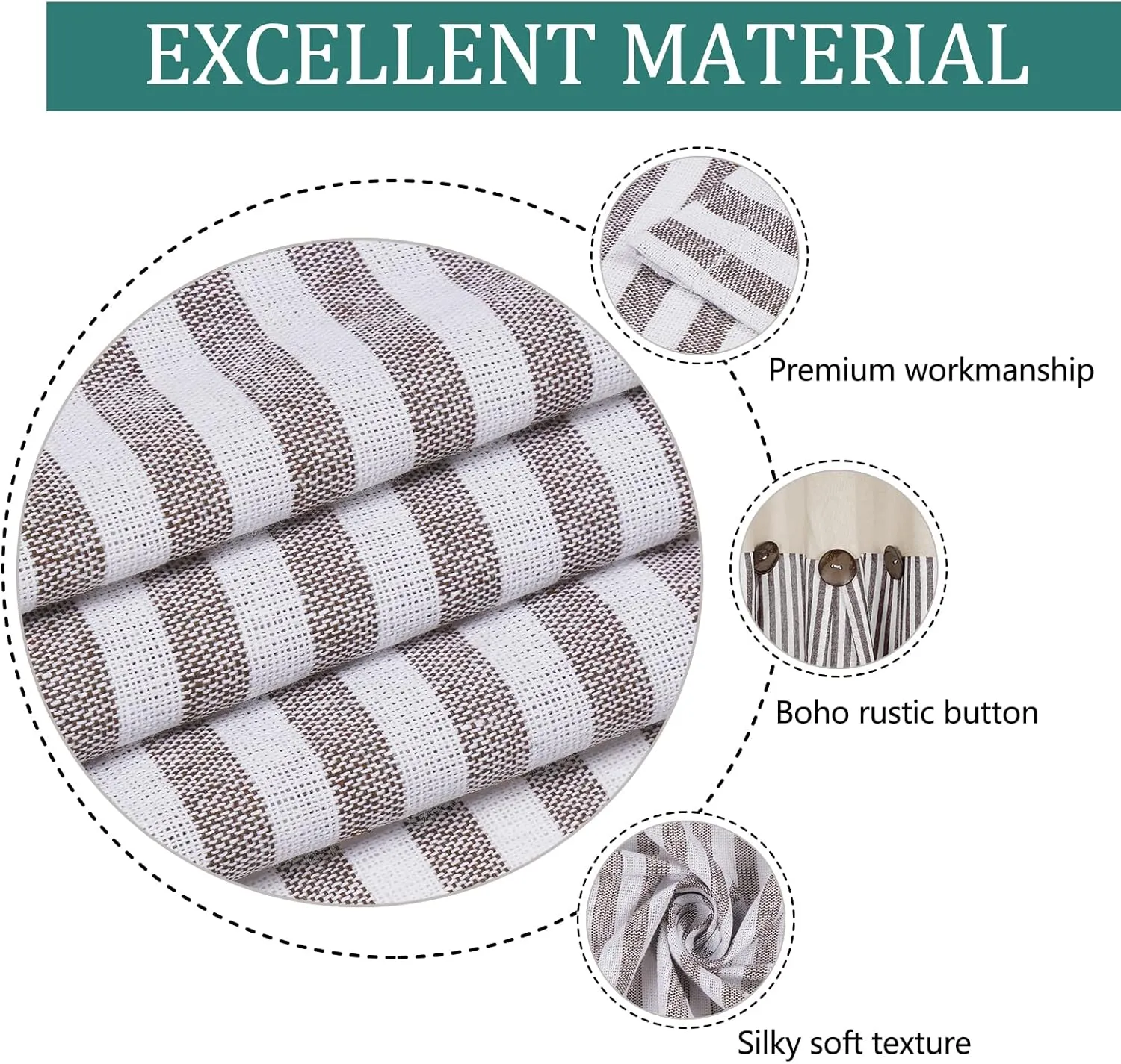 BLEUM CADE Cotton Linen Farmhouse Curtains Boho Rustic Button Curtains Natural and Brown Stripe Color Block Curtain Rod Pocket & Back Tab Window Drapes for Bedroom Living Room(52 x 84 Inch, 2 Panels)