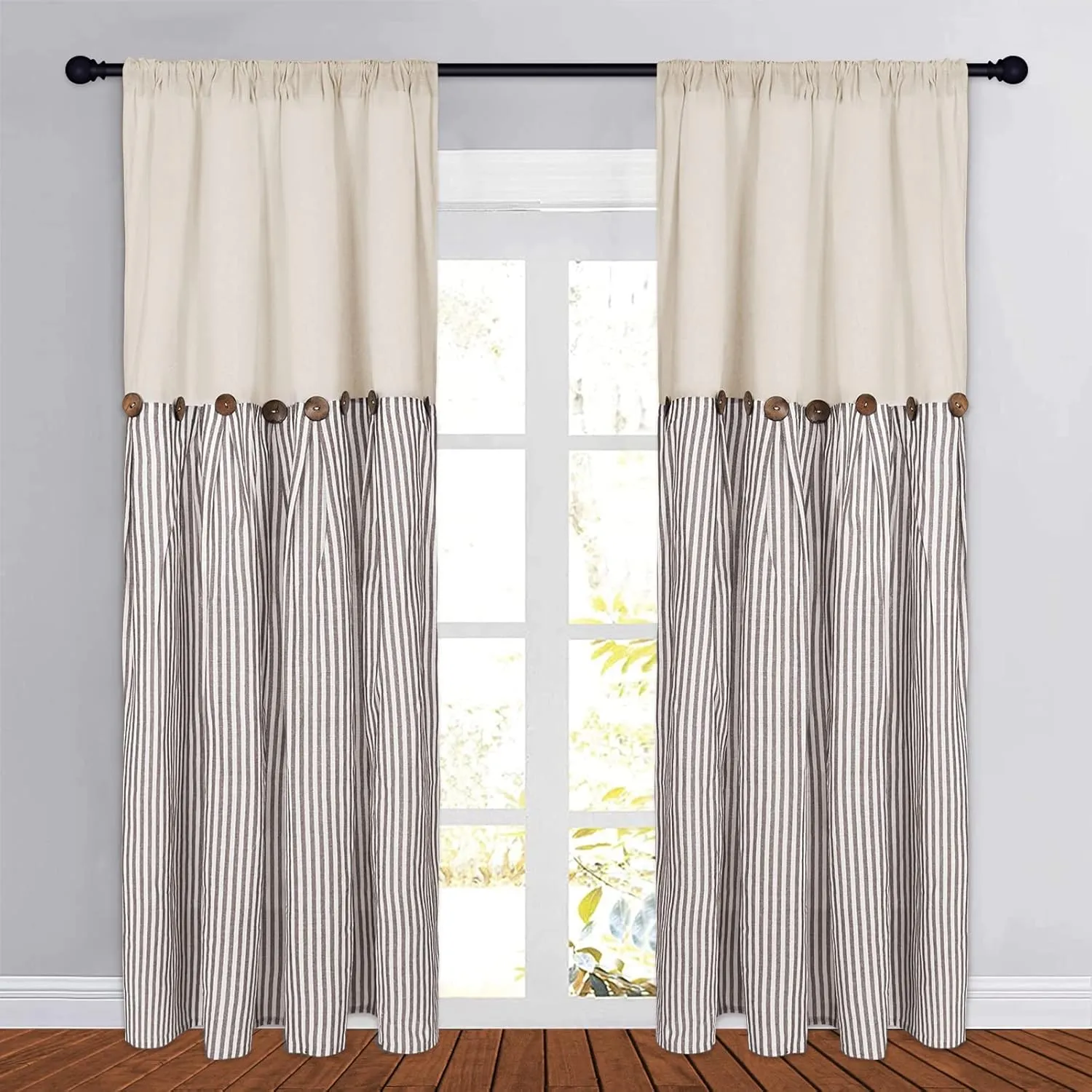 BLEUM CADE Cotton Linen Farmhouse Curtains Boho Rustic Button Curtains Natural and Brown Stripe Color Block Curtain Rod Pocket & Back Tab Window Drapes for Bedroom Living Room(52 x 84 Inch, 2 Panels)