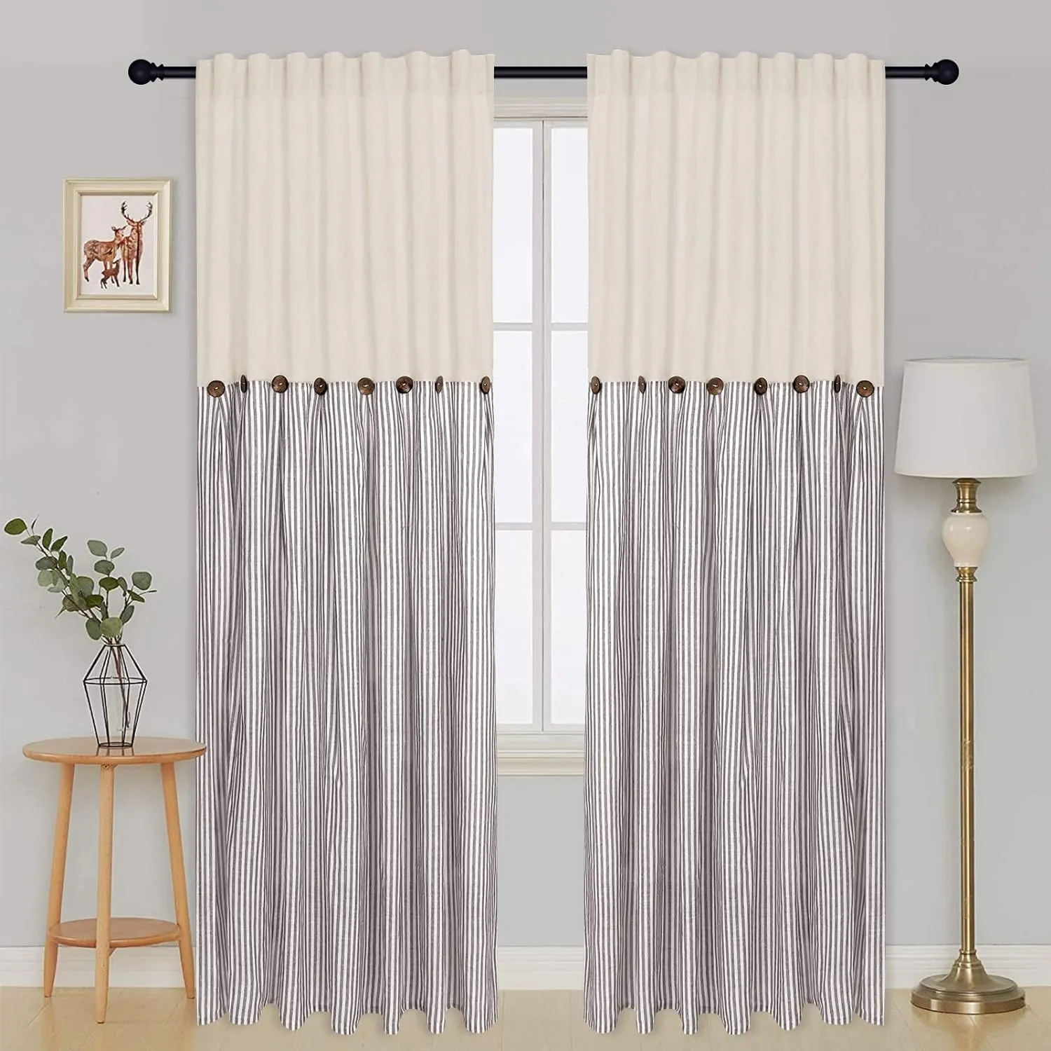 BLEUM CADE Cotton Linen Farmhouse Curtains Boho Rustic Button Curtains Natural and Brown Stripe Color Block Curtain Rod Pocket & Back Tab Window Drapes for Bedroom Living Room(52 x 84 Inch, 2 Panels)