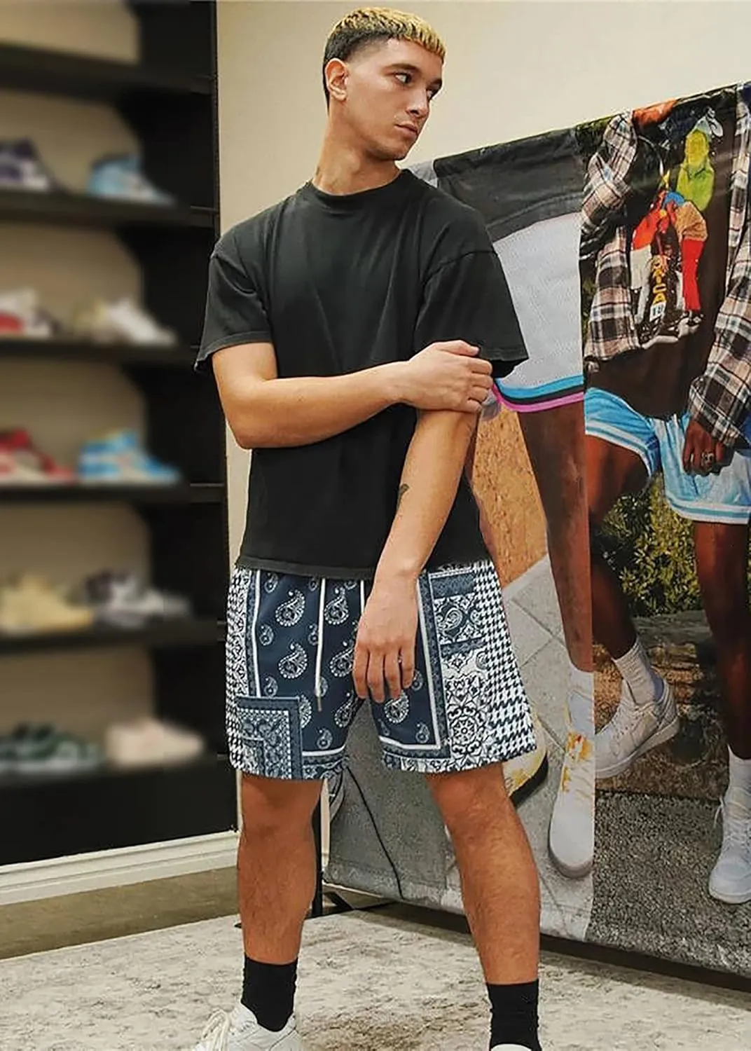BOOMLEMON Men's Retro Paisley Shorts Mesh Print Casual Beach Shorts Athletic Gym Workout Running Short Pants