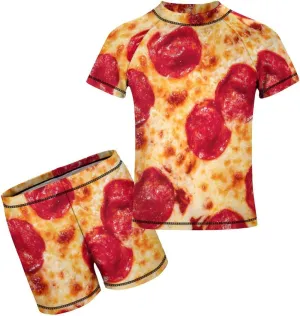 Boys Two Piece Rash Guard Swimsuits Pepperoni Pizza Food Kids Short Sleeve Sunsuit Swimwear Sets