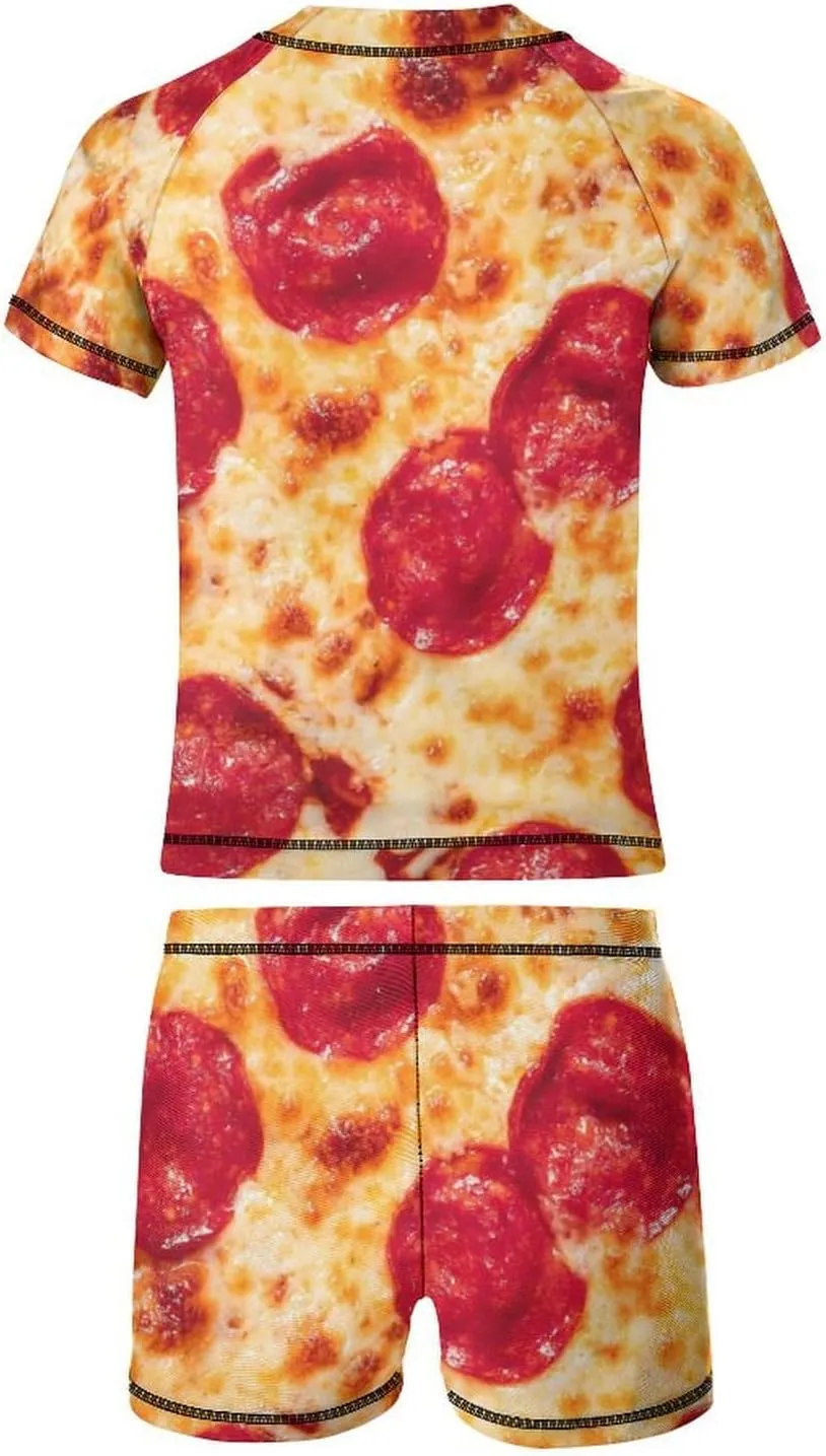 Boys Two Piece Rash Guard Swimsuits Pepperoni Pizza Food Kids Short Sleeve Sunsuit Swimwear Sets