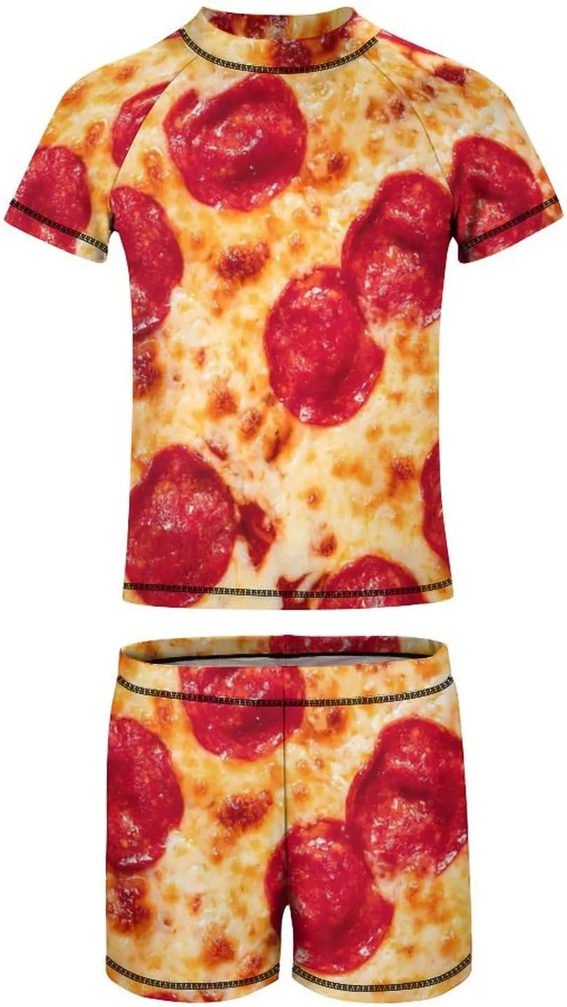 Boys Two Piece Rash Guard Swimsuits Pepperoni Pizza Food Kids Short Sleeve Sunsuit Swimwear Sets