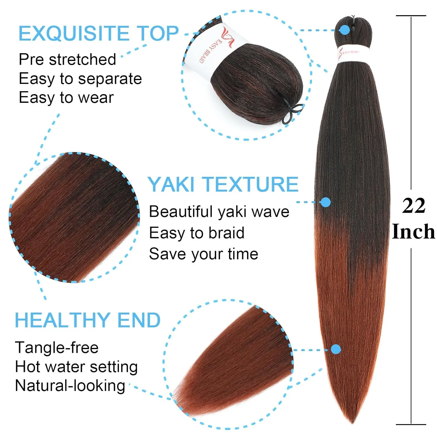 Braiding Hair Pre Stretched 22 Inch 8 Pack Long Braiding Hair Professional Pre Stretched Hair For Braiding Soft Yaki Texture Hot Water Setting Synthetic Crochet Braids Hair For Women (22Inch,1B/350)