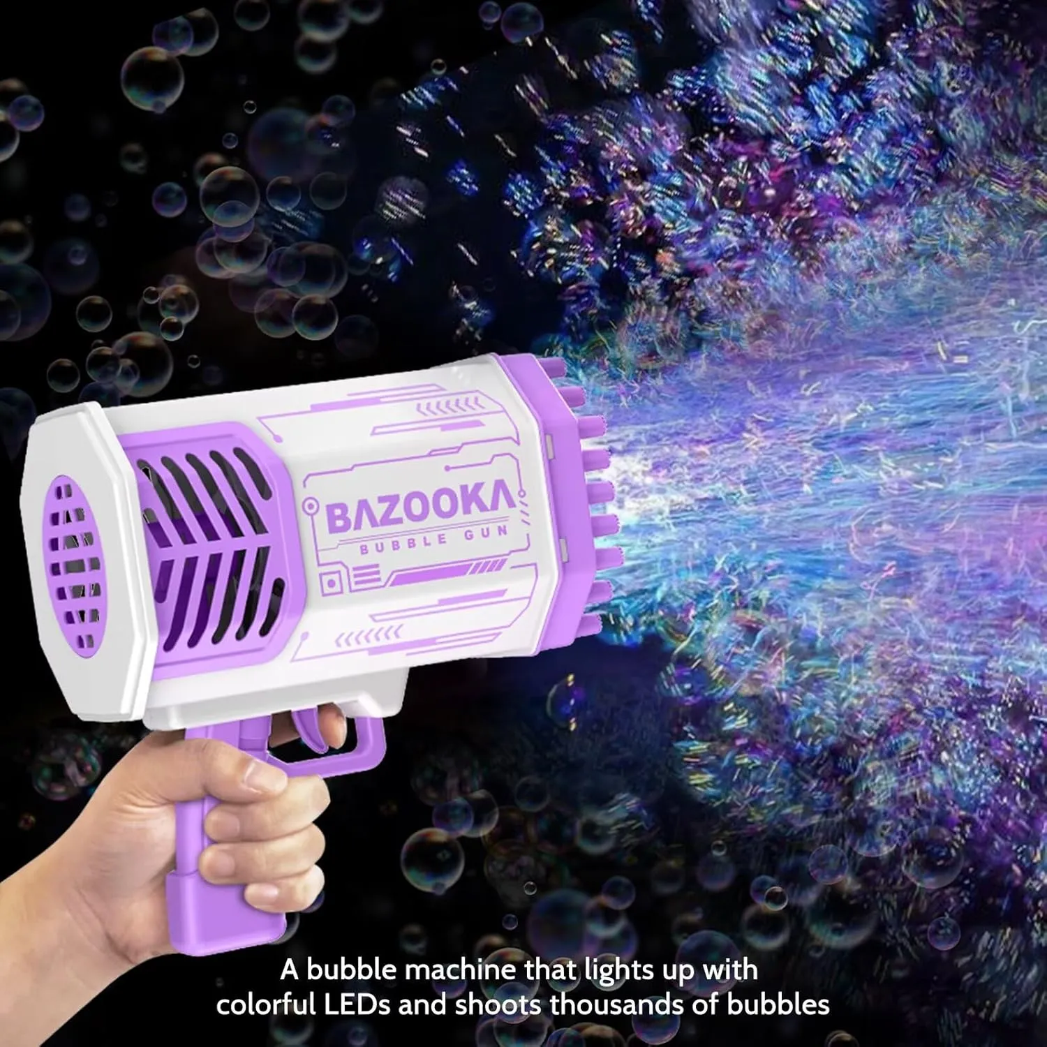Bubble Gun, Bazooka Bubble Machine Gun, Bubble Blaster Gun with Bubble Solution, 69 Holes Bubble Bazooka Gun Outdoor Summer Toy Gifts Party Favors for Kids Purple Bubble Maker Blowers