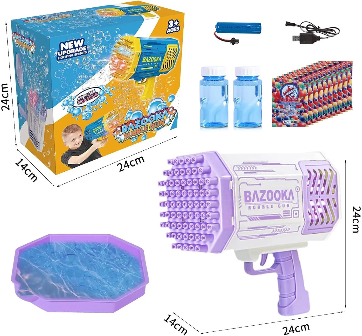 Bubble Gun, Bazooka Bubble Machine Gun, Bubble Blaster Gun with Bubble Solution, 69 Holes Bubble Bazooka Gun Outdoor Summer Toy Gifts Party Favors for Kids Purple Bubble Maker Blowers