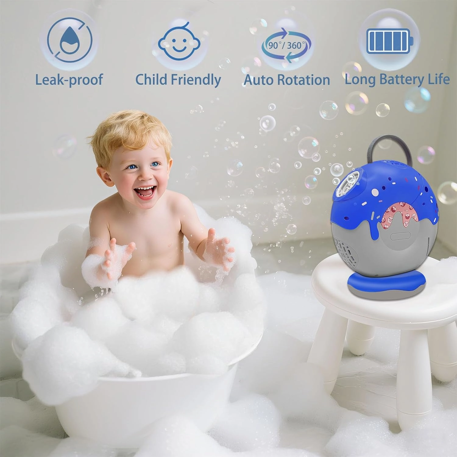 Bubble Machine for Kids, Automatic Bubble Maker Portable Bubble Blower Machine Rotatable 90°/360°,3000  Big Bubbles Per Minute Rechargeable Bubble Machine for Parties Outdoor Toys (Blue-2)