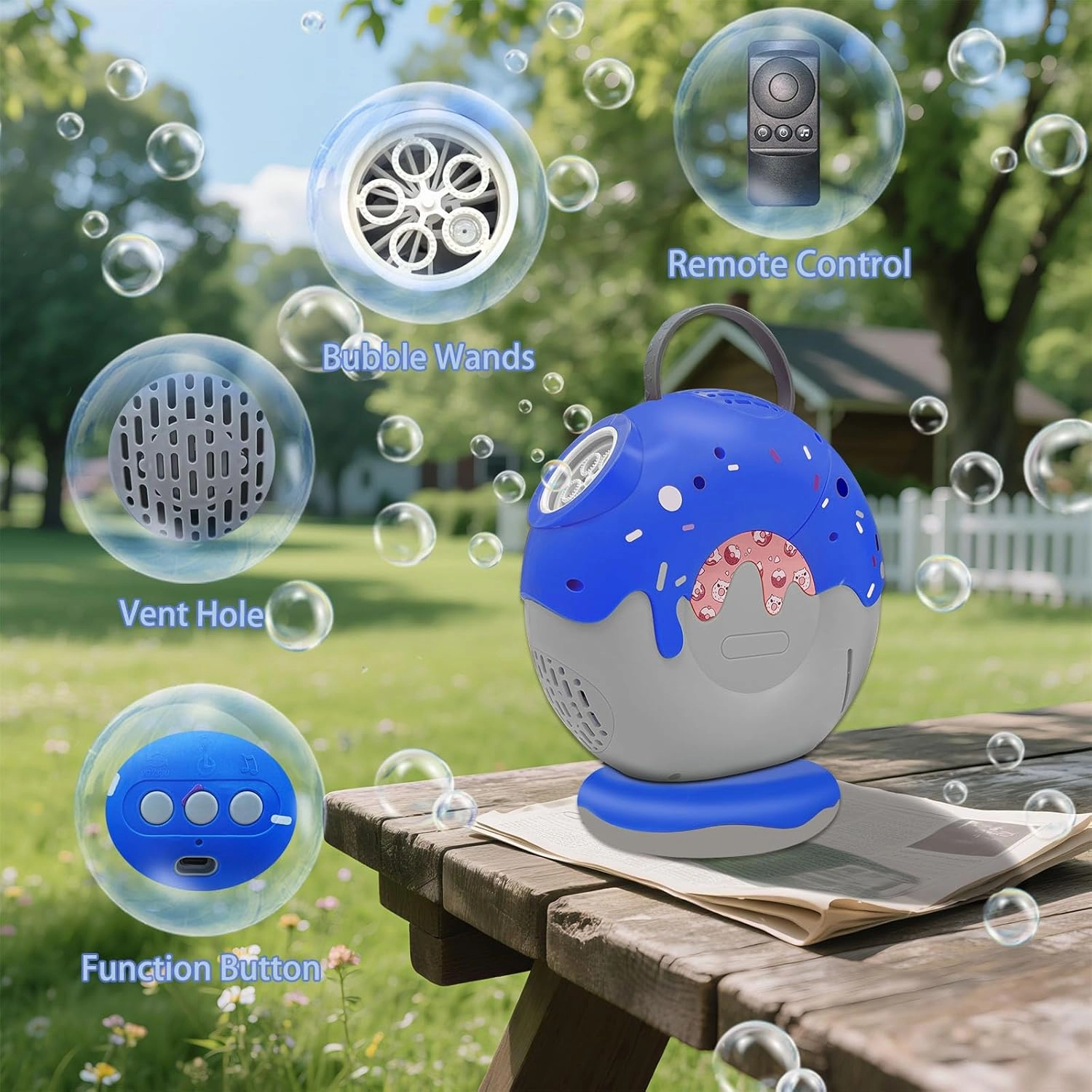 Bubble Machine for Kids, Automatic Bubble Maker Portable Bubble Blower Machine Rotatable 90°/360°,3000  Big Bubbles Per Minute Rechargeable Bubble Machine for Parties Outdoor Toys (Blue-2)