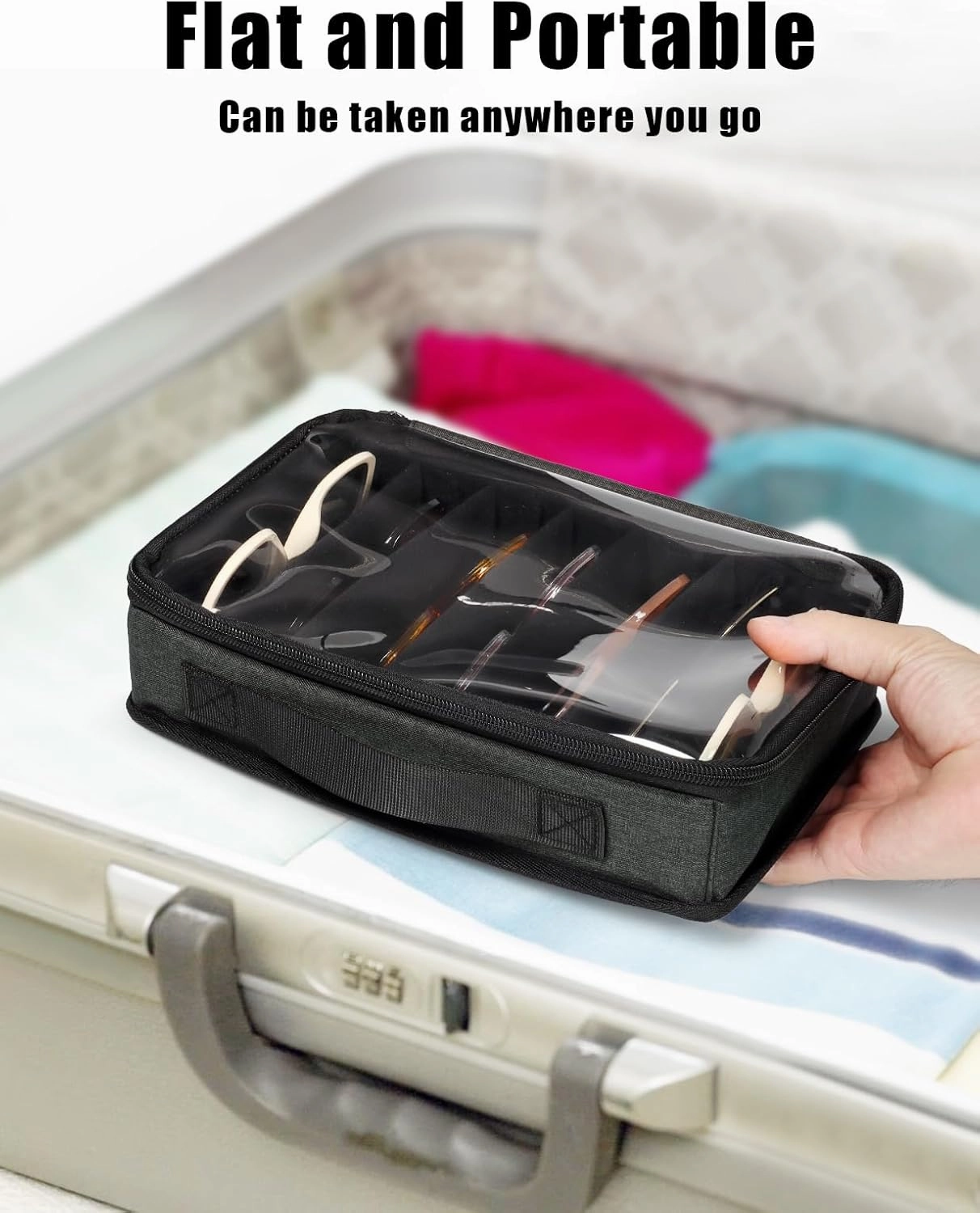 Bukere Sunglasses Organizer Case for Multiple Pairs, 7-12 Slots Adjustable Glasses Box Women Men, Travel Eyeglasses Storage