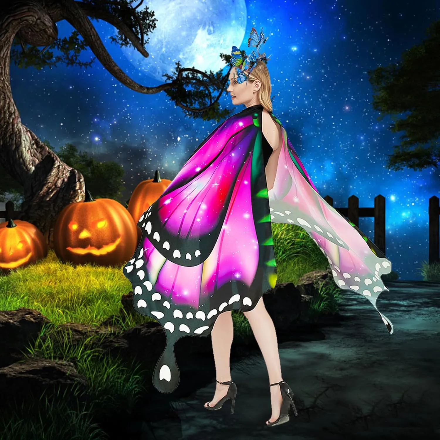 Butterfly Wings Costume for Women Fairy Wings Adult Halloween Costumes Butterfly Cape with Mask and Headband