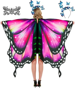 Butterfly Wings Costume for Women Fairy Wings Adult Halloween Costumes Butterfly Cape with Mask and Headband