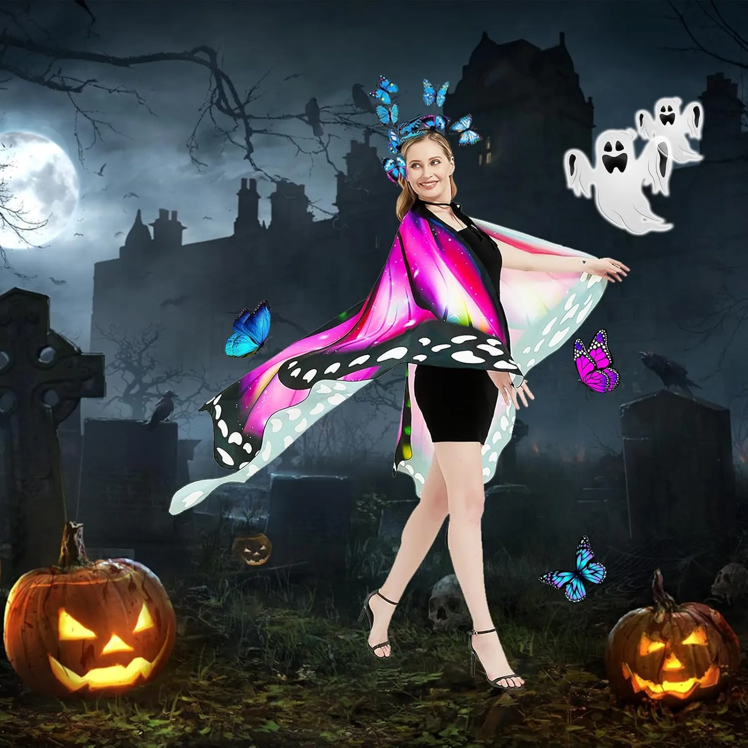 Butterfly Wings Costume for Women Fairy Wings Adult Halloween Costumes Butterfly Cape with Mask and Headband