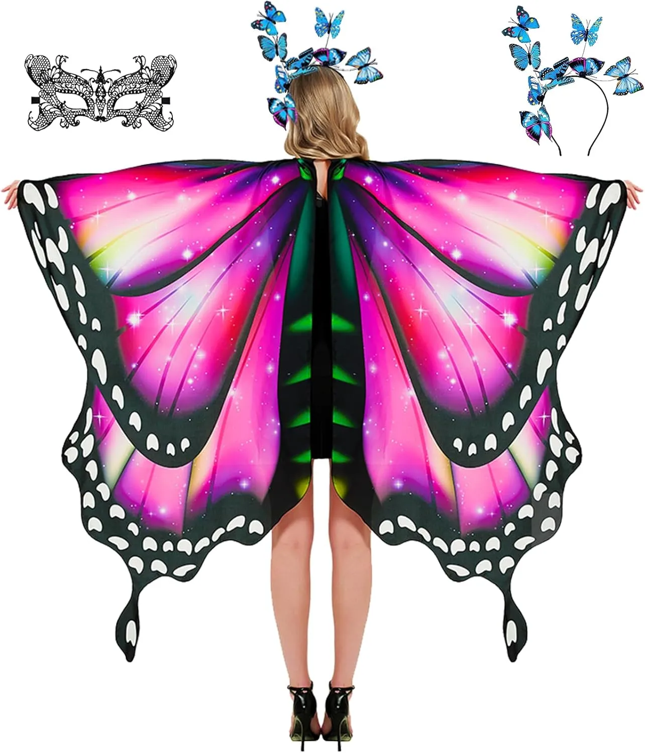 Butterfly Wings Costume for Women Fairy Wings Adult Halloween Costumes Butterfly Cape with Mask and Headband
