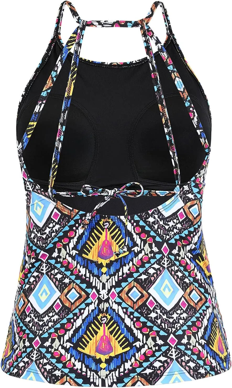 Cadocado Women's Tankini Top Strappy Back Bathing Suit Slimming Control Swimsuits Top Ruched Swimwear Top Only