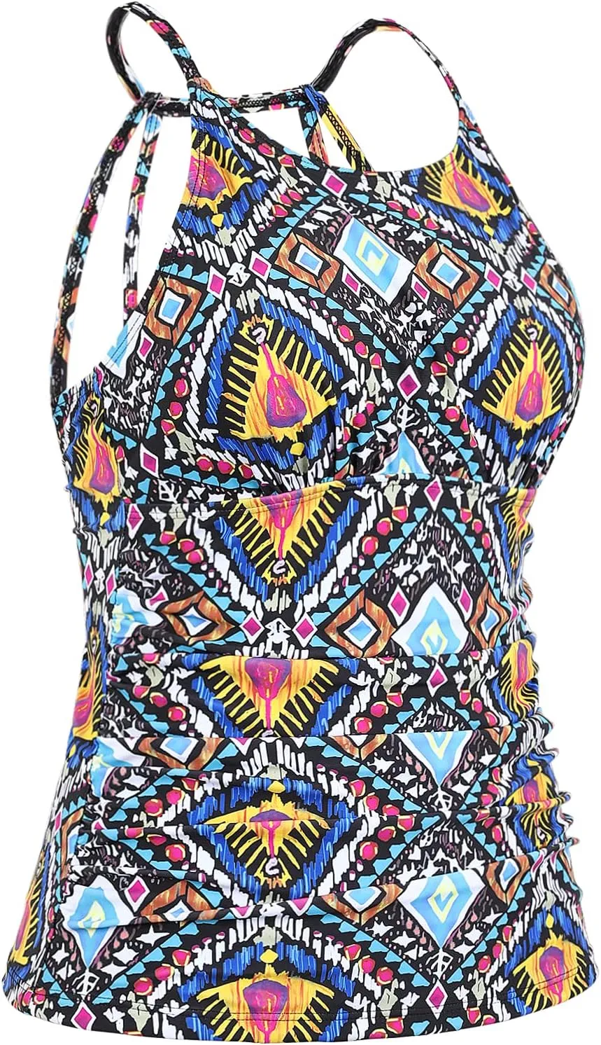 Cadocado Women's Tankini Top Strappy Back Bathing Suit Slimming Control Swimsuits Top Ruched Swimwear Top Only