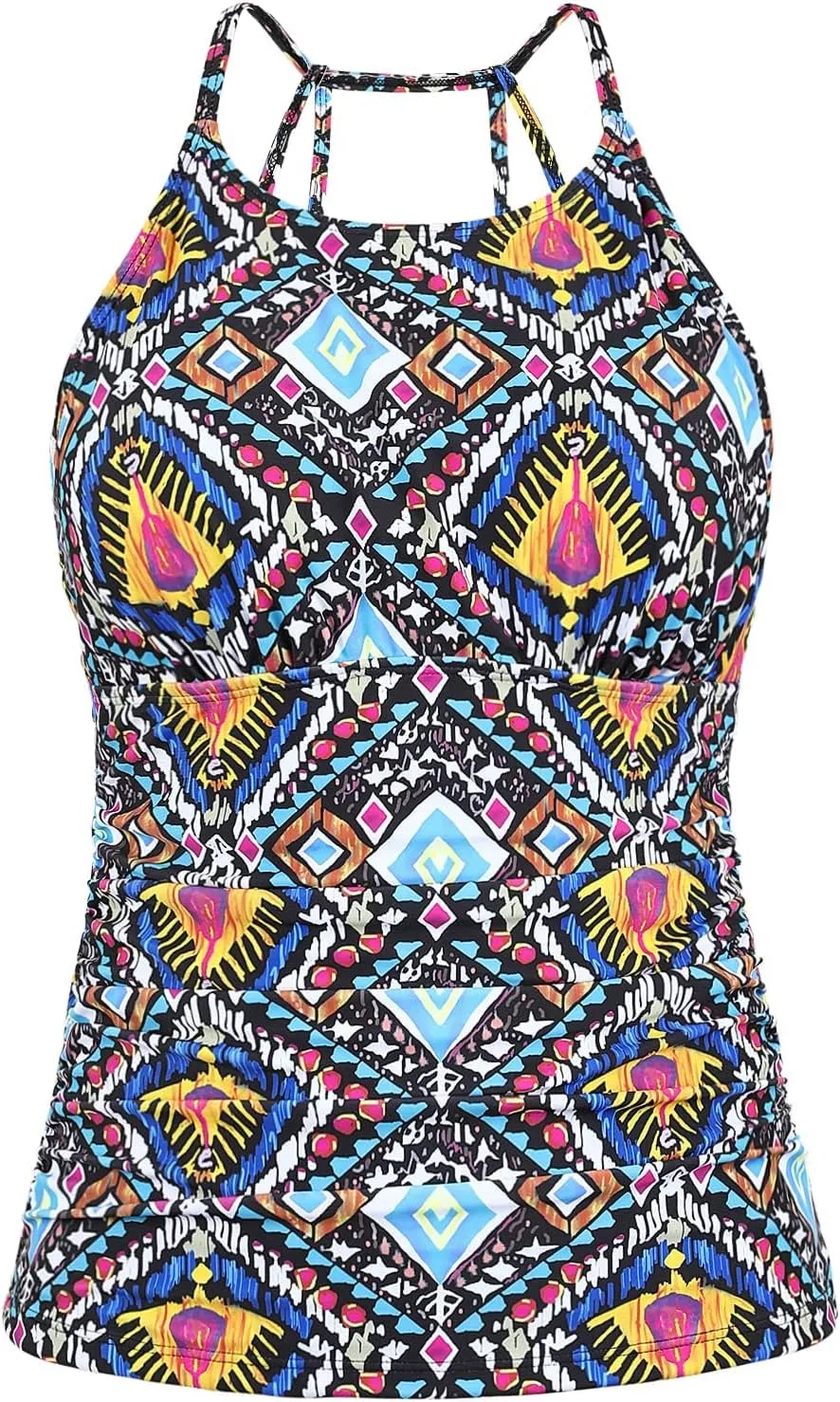 Cadocado Women's Tankini Top Strappy Back Bathing Suit Slimming Control Swimsuits Top Ruched Swimwear Top Only