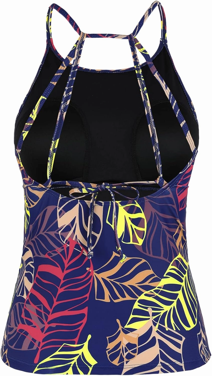 Cadocado Women's Tankini Top Strappy Back Bathing Suit Slimming Control Swimsuits Top Ruched Swimwear Top Only