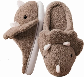 Caistre Adult Unisex Animal Slippers - Warm Plush Dinosaur Design Home Shoes - Funny Triceratops Non-Slip Bedroom Slippers
