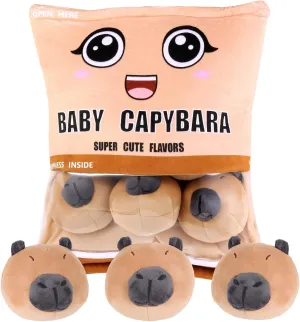 Capybara Snack Bag Plush Pillow, Removable Stuffed Animals with 6 Mini Capybara Stuffed Animals Kawaii Pudding Pillow Plush Decor for Kids