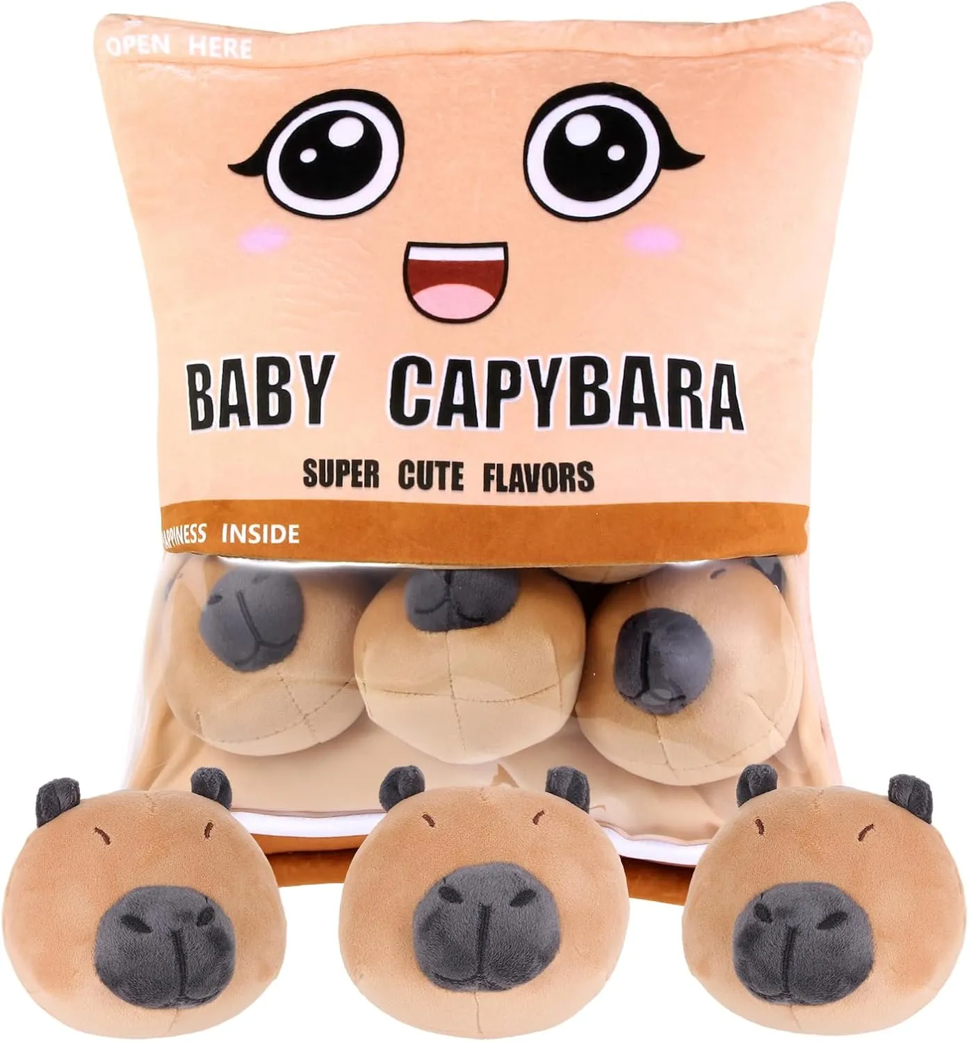 Capybara Snack Bag Plush Pillow, Removable Stuffed Animals with 6 Mini Capybara Stuffed Animals Kawaii Pudding Pillow Plush Decor for Kids