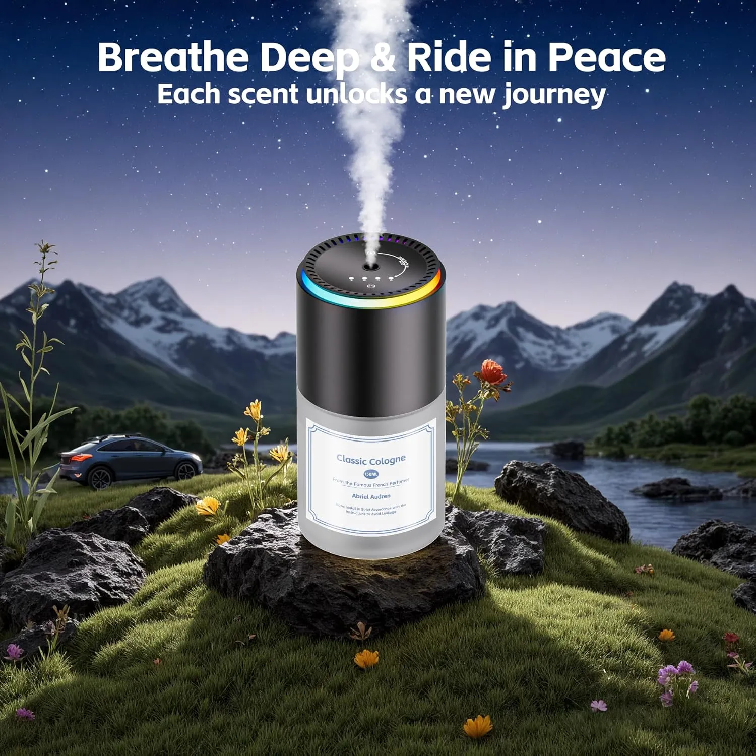 Car Air Freshener, Smart Car Air Freshener,car Diffuser with 150 ML (5oz) Capacity Multi-fragrance,RGB Music Syncing Light, Auto On/Off (Cologne)