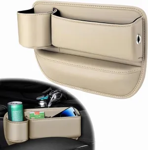 Car Seat Gap Filler, Leather Cup Holder Gap Bag, Adjustable Car Seat Storage Box with Cup Holder, Universal Seat Gap Organizer for Glasses Phones Keys and Cards (Beige, Driver's Seat)