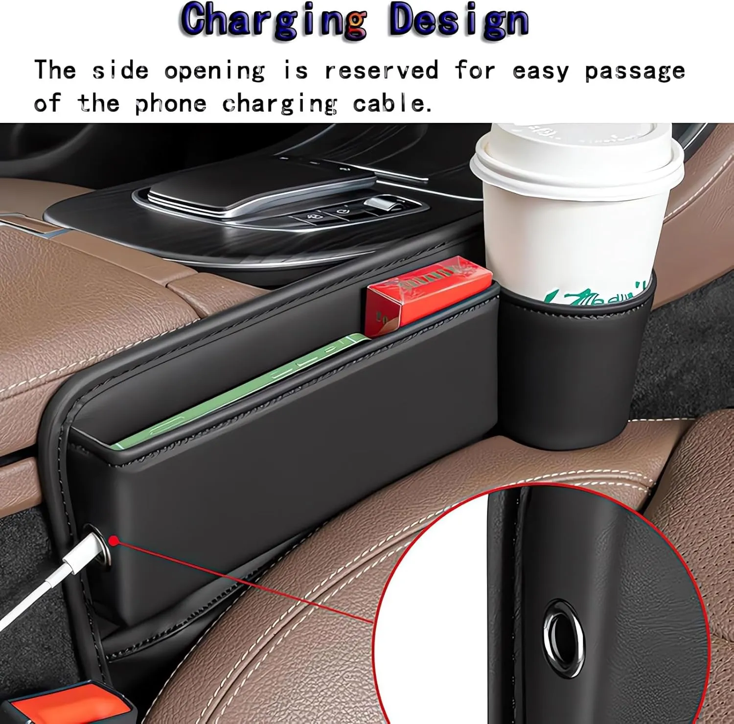 Car Seat Gap Filler, Leather Cup Holder Gap Bag, Adjustable Car Seat Storage Box with Cup Holder, Universal Seat Gap Organizer for Glasses Phones Keys and Cards (Beige, Driver's Seat)
