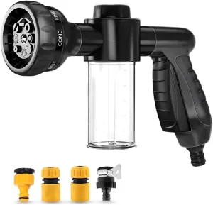 Car Wash Foam Gun, High Pressure Hose Nozzle Sprayer with 8 Adjustable Watering Patterns, Bubble Cleaning Blaster with 3.5oz Soap Dispenser Bottle for Car Lawn Plants (Black-4 Connectors)