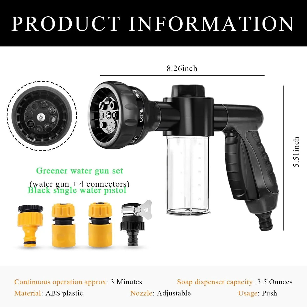 Car Wash Foam Gun, High Pressure Hose Nozzle Sprayer with 8 Adjustable Watering Patterns, Bubble Cleaning Blaster with 3.5oz Soap Dispenser Bottle for Car Lawn Plants (Black-4 Connectors)