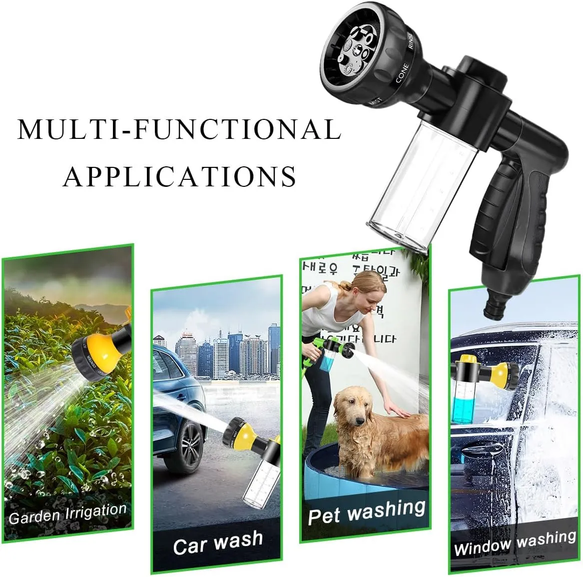 Car Wash Foam Gun, High Pressure Hose Nozzle Sprayer with 8 Adjustable Watering Patterns, Bubble Cleaning Blaster with 3.5oz Soap Dispenser Bottle for Car Lawn Plants (Black-4 Connectors)