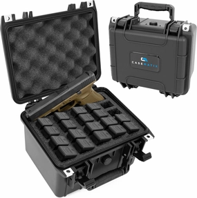 CASEMATIX 25 Pistol Magazine Storage Case or 20 Magazine & 1 Pistol Case - TSA Approved Waterproof Gun Magazine Storage for 25 9mm Magazines with Oil-Resistant Foam and Hard Shell Exterior