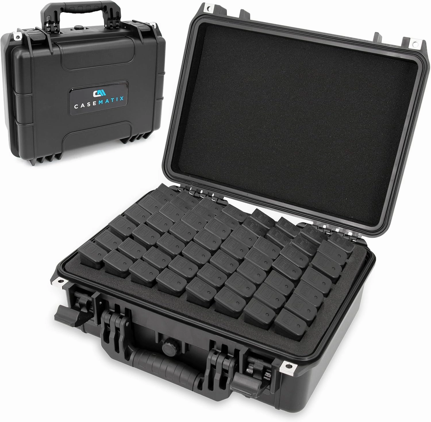 CASEMATIX 56 Pistol Magazine Storage Case - TSA Approved Waterproof Gun Magazine Storage for 9mm Magazines up to 5.5", Remove Foam Slots to Fit Larger Single Stack or Double Stack Pistol Clips