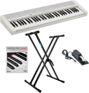 Casio Casiotone CT-S1 61 Key Portable Piano with Touch Response (White) Bundle with Adjustable Keyboard Stand, Piano Style Sustain Pedal, and Piano Learning Book (4 items)