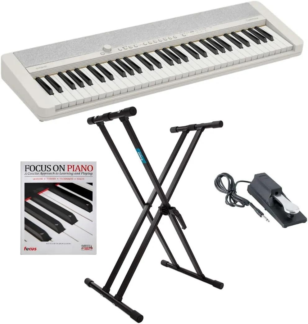 Casio Casiotone CT-S1 61 Key Portable Piano with Touch Response (White) Bundle with Adjustable Keyboard Stand, Piano Style Sustain Pedal, and Piano Learning Book (4 items)