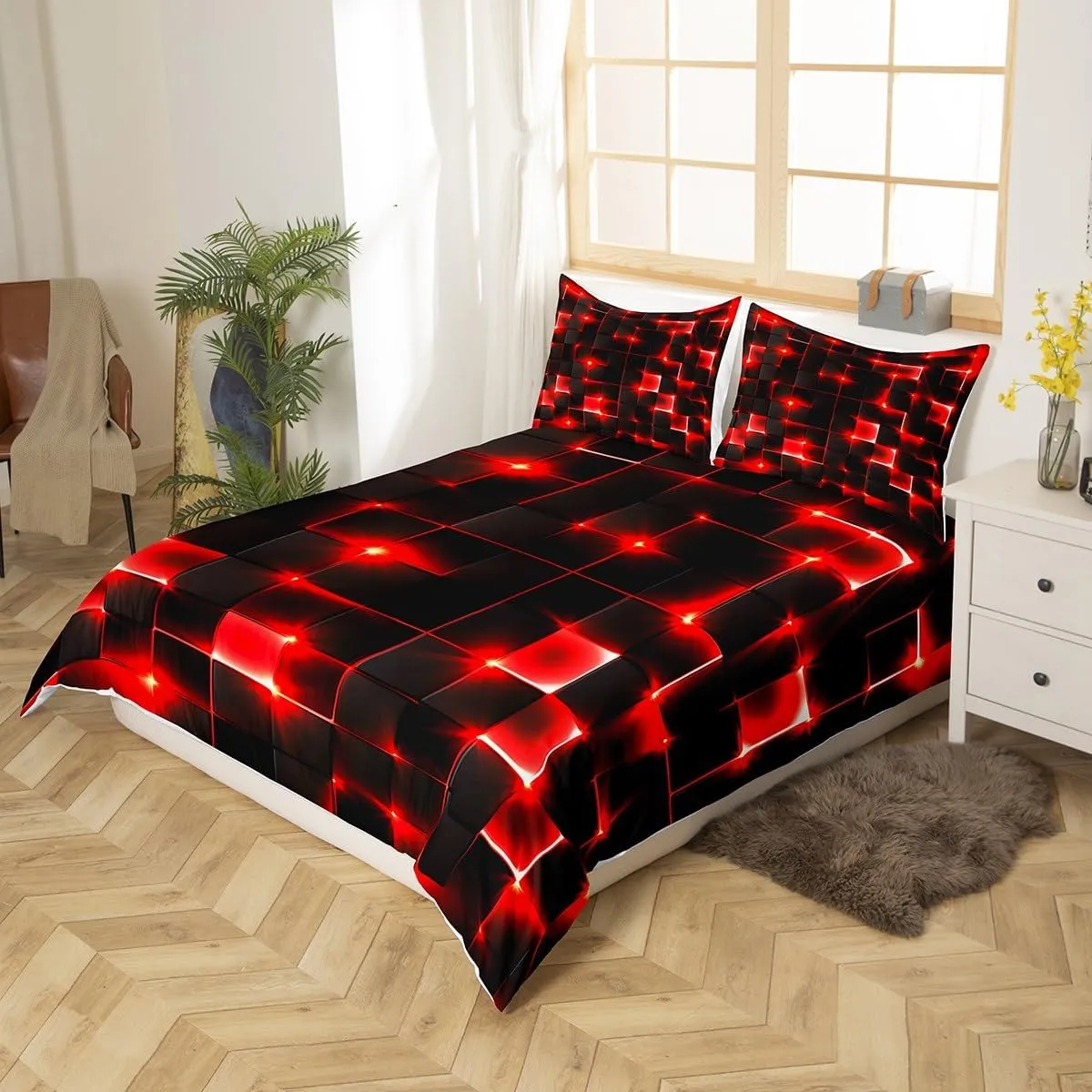 Castle Fairy Abstract Duvet Cover Queen Size,3D Modern Cool Geometric Grid Square Duvet Cover Set for Children Adult,Shiny Red Neon Light Black Soft Comforter Cover for Dorm Room, Zipper, Ties