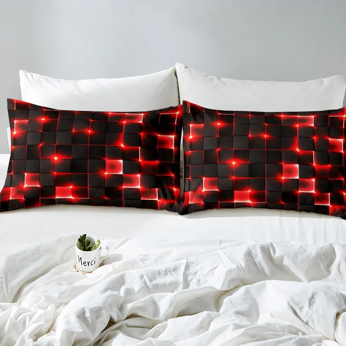 Castle Fairy Abstract Duvet Cover Queen Size,3D Modern Cool Geometric Grid Square Duvet Cover Set for Children Adult,Shiny Red Neon Light Black Soft Comforter Cover for Dorm Room, Zipper, Ties