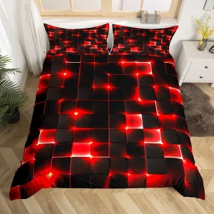 Castle Fairy Abstract Duvet Cover Queen Size,3D Modern Cool Geometric Grid Square Duvet Cover Set for Children Adult,Shiny Red Neon Light Black Soft Comforter Cover for Dorm Room, Zipper, Ties