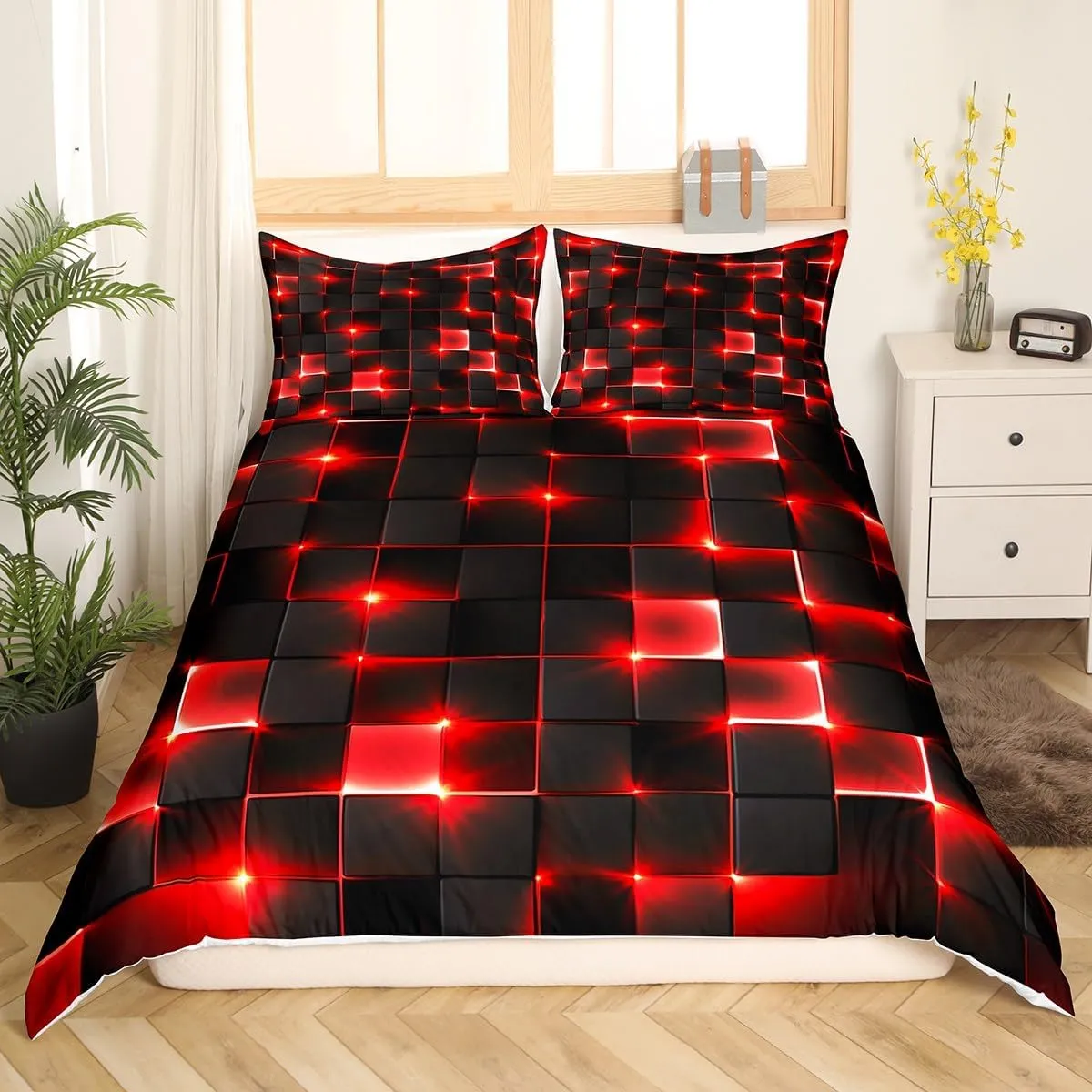 Castle Fairy Abstract Duvet Cover Queen Size,3D Modern Cool Geometric Grid Square Duvet Cover Set for Children Adult,Shiny Red Neon Light Black Soft Comforter Cover for Dorm Room, Zipper, Ties