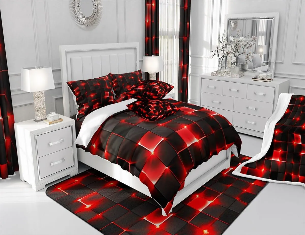 Castle Fairy Abstract Duvet Cover Queen Size,3D Modern Cool Geometric Grid Square Duvet Cover Set for Children Adult,Shiny Red Neon Light Black Soft Comforter Cover for Dorm Room, Zipper, Ties
