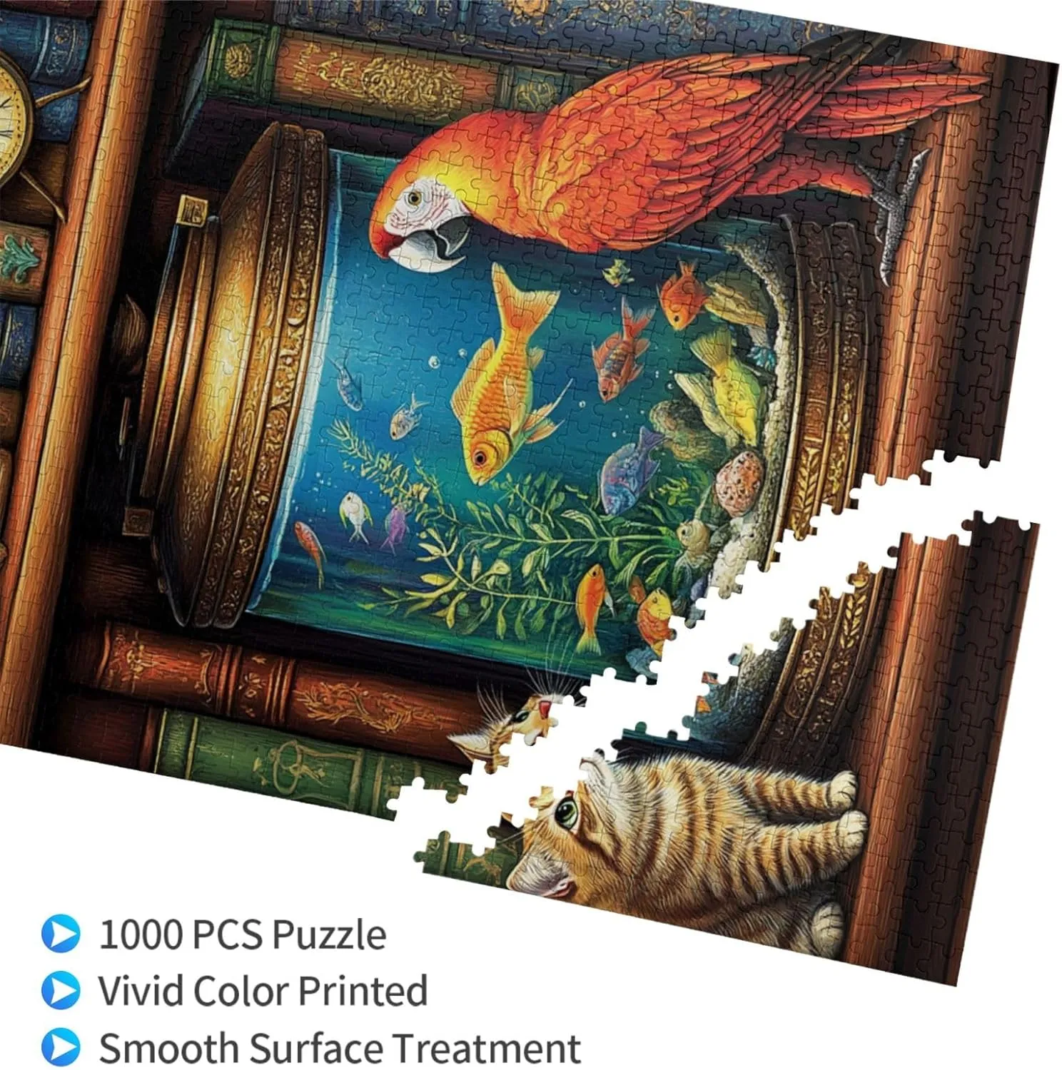 Cat and Parrot in Front of Fish Tank, Pet Puzzle 1000 Pieces, Wooden Puzzles for Adults, Vibrant and Unique, Creative Entertainment Game, Challenging Brain Exercise, Stress Relief