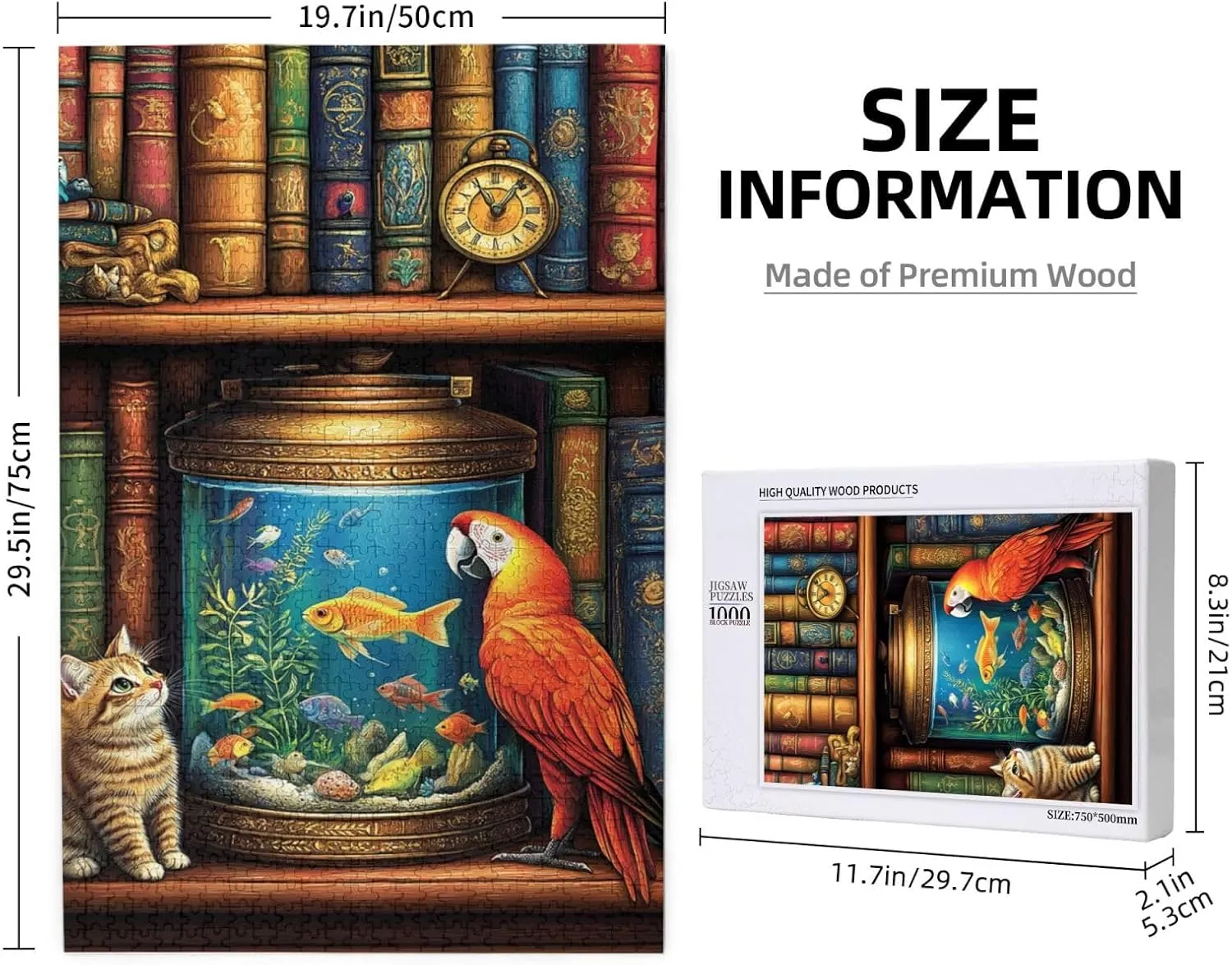 Cat and Parrot in Front of Fish Tank, Pet Puzzle 1000 Pieces, Wooden Puzzles for Adults, Vibrant and Unique, Creative Entertainment Game, Challenging Brain Exercise, Stress Relief
