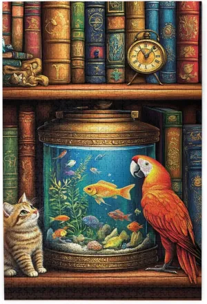 Cat and Parrot in Front of Fish Tank, Pet Puzzle 1000 Pieces, Wooden Puzzles for Adults, Vibrant and Unique, Creative Entertainment Game, Challenging Brain Exercise, Stress Relief