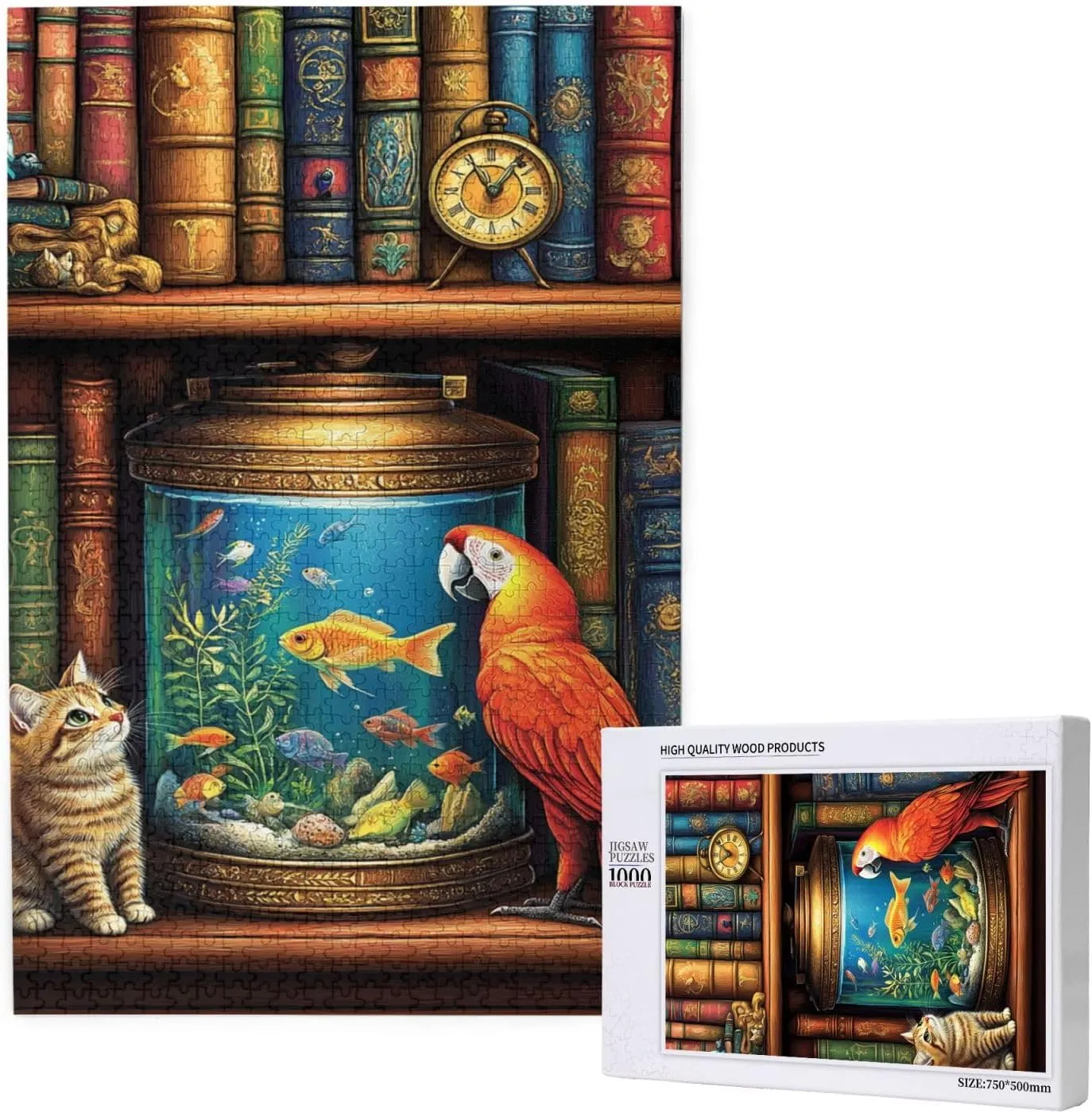 Cat and Parrot in Front of Fish Tank, Pet Puzzle 1000 Pieces, Wooden Puzzles for Adults, Vibrant and Unique, Creative Entertainment Game, Challenging Brain Exercise, Stress Relief