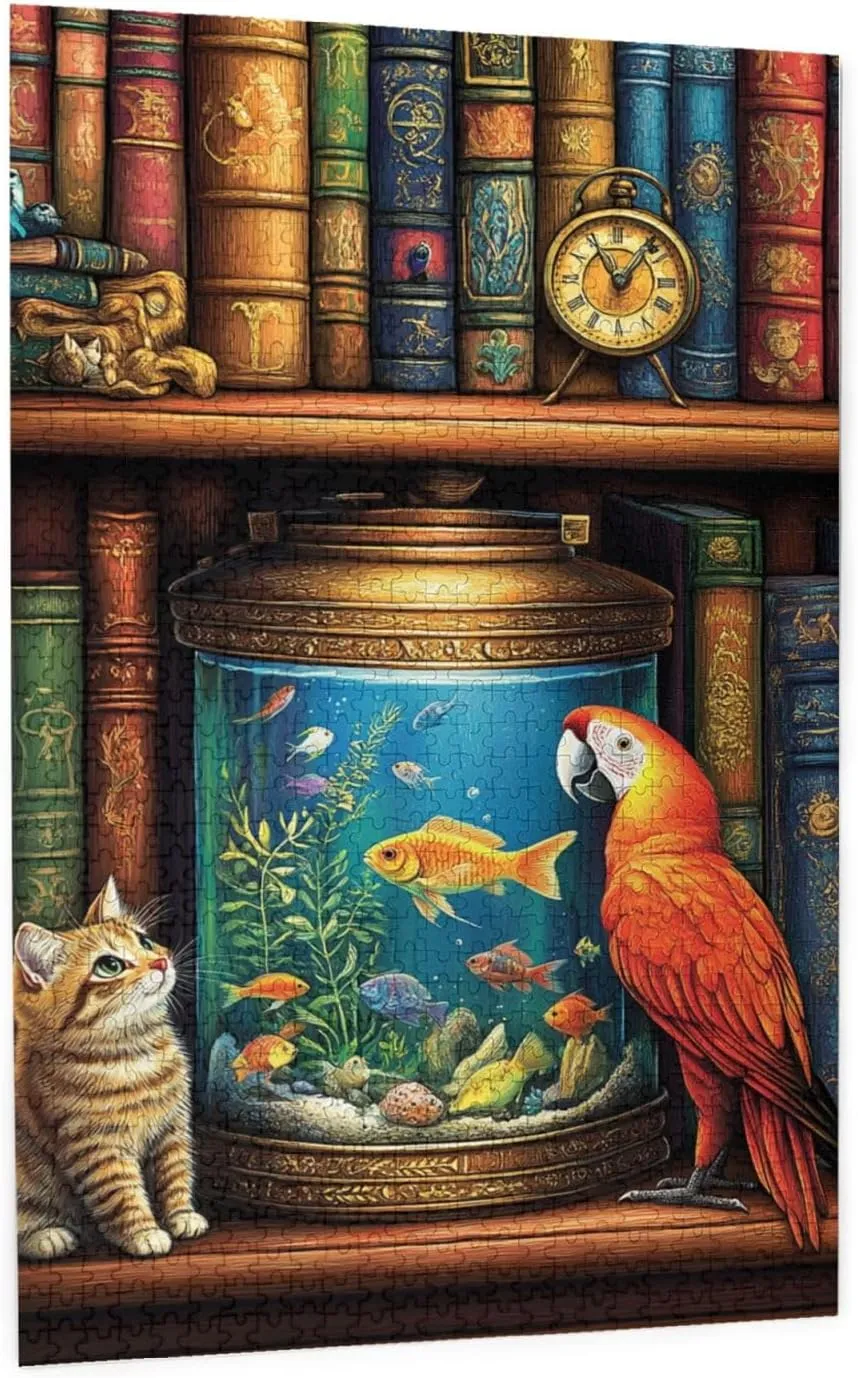 Cat and Parrot in Front of Fish Tank, Pet Puzzle 1000 Pieces, Wooden Puzzles for Adults, Vibrant and Unique, Creative Entertainment Game, Challenging Brain Exercise, Stress Relief