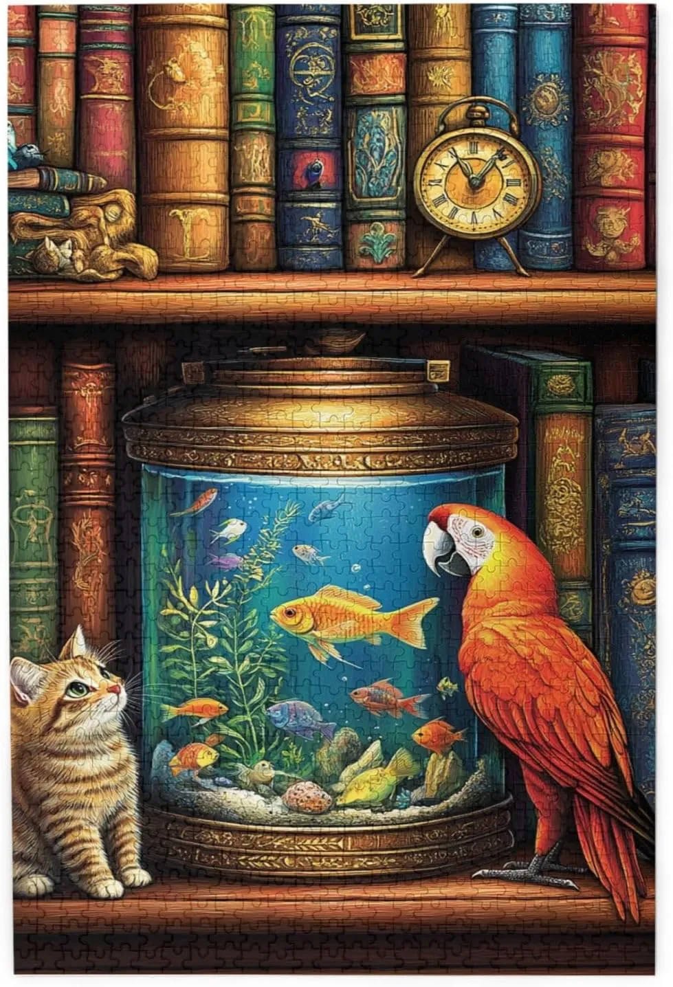 Cat and Parrot in Front of Fish Tank, Pet Puzzle 1000 Pieces, Wooden Puzzles for Adults, Vibrant and Unique, Creative Entertainment Game, Challenging Brain Exercise, Stress Relief