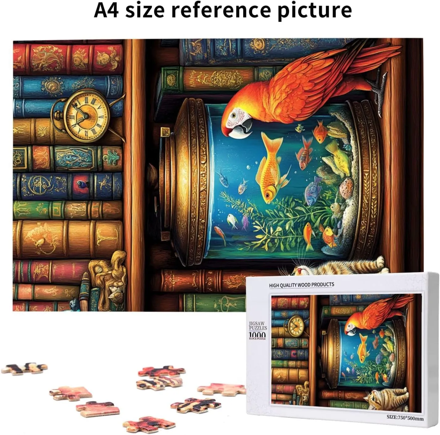 Cat and Parrot in Front of Fish Tank, Pet Puzzle 1000 Pieces, Wooden Puzzles for Adults, Vibrant and Unique, Creative Entertainment Game, Challenging Brain Exercise, Stress Relief