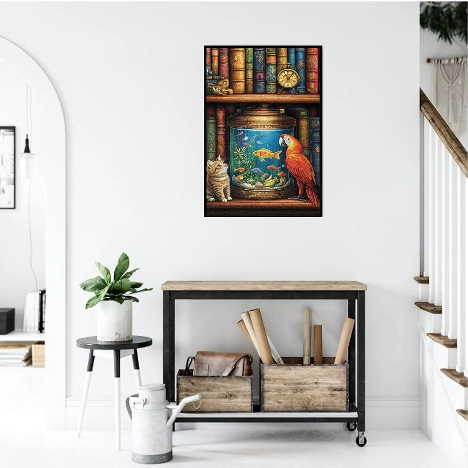 Cat and Parrot in Front of Fish Tank, Pet Puzzle 1000 Pieces, Wooden Puzzles for Adults, Vibrant and Unique, Creative Entertainment Game, Challenging Brain Exercise, Stress Relief