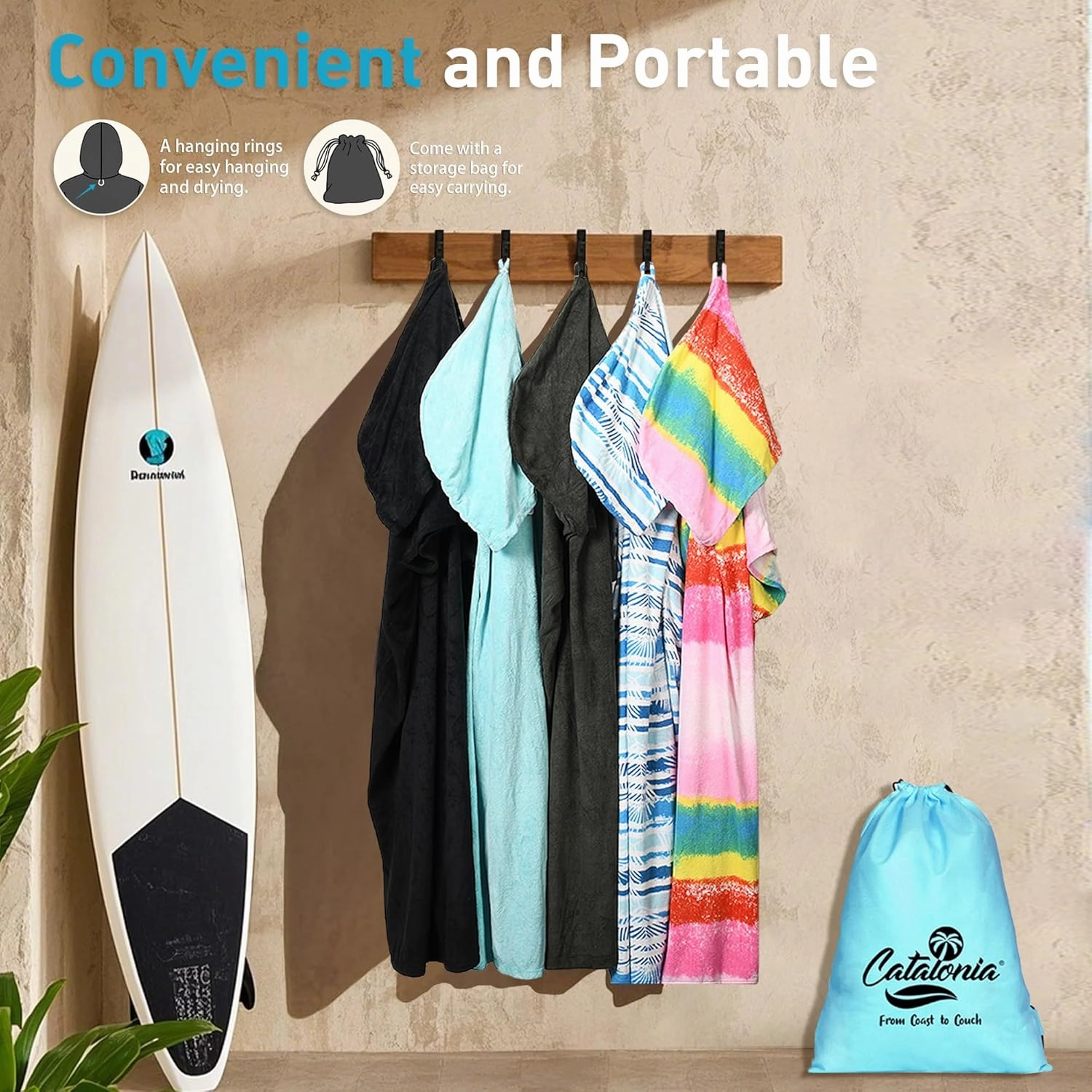 Catalonia Absorbent Surf Poncho Men Women, Quick Dry Towel Changing Poncho, Hooded Towel Poncho Adult, Changing Robe for Beach Surfing Swimming