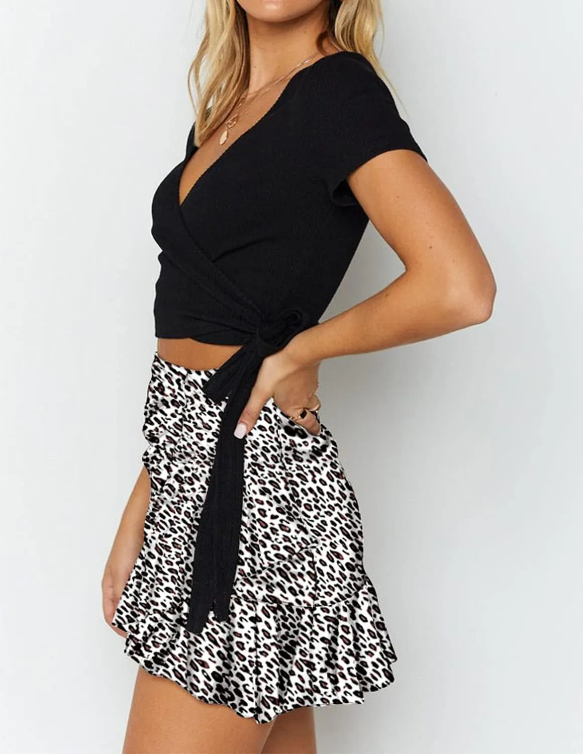 ChainJoy Womens High Waist Ruffle Hem Tie Wrap Skirt Summer Casual A Line Overlap Skirt